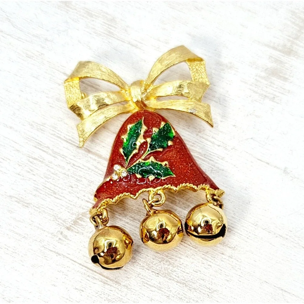 Vintage Christmas Bell Bow Brooch – Goldtone Glitter Enamel Holiday Pin